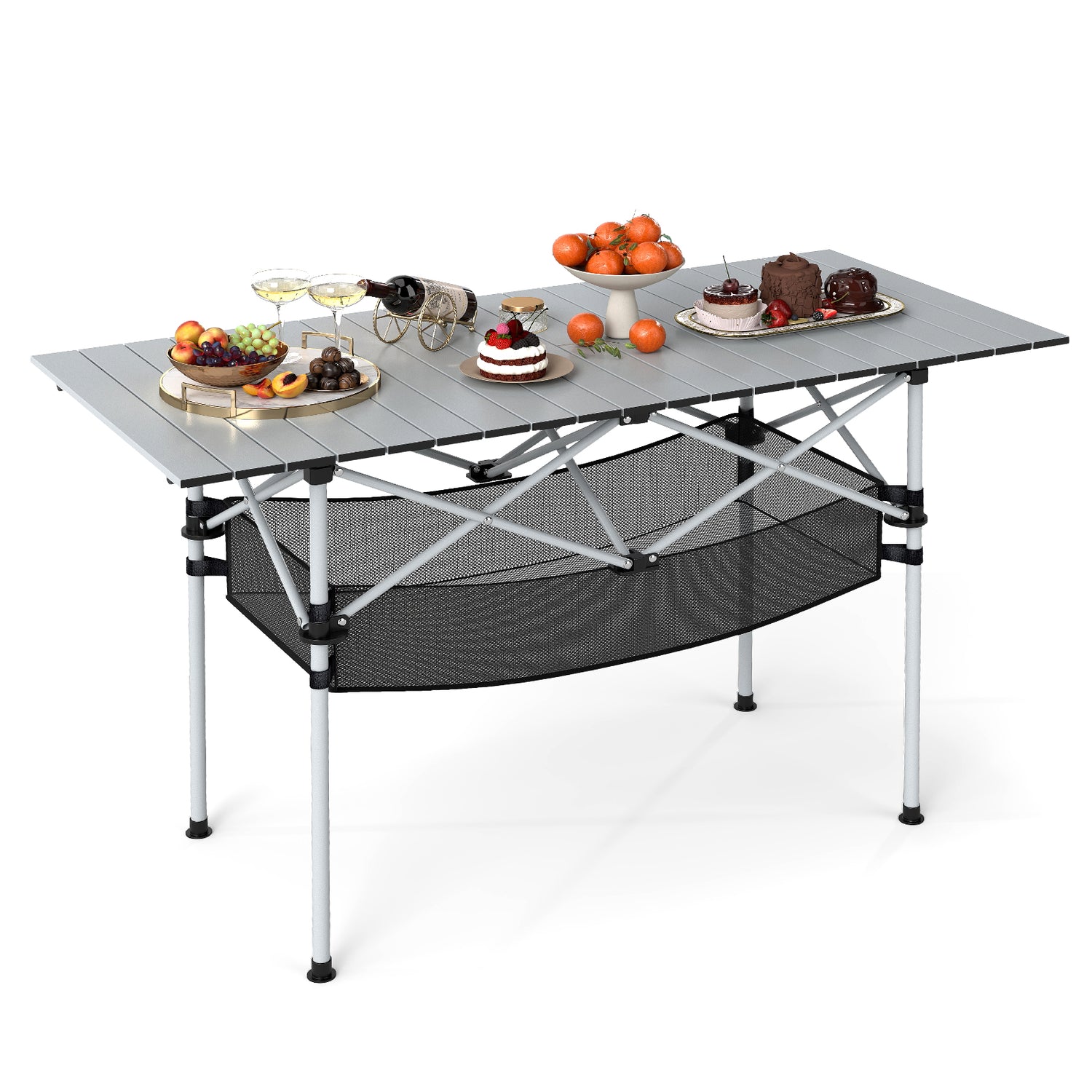 Patio Folding Camping Table with Roll-up Tabletop and Mesh Basket