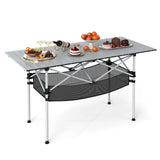 Patio Folding Camping Table with Roll-up Tabletop and Mesh Basket