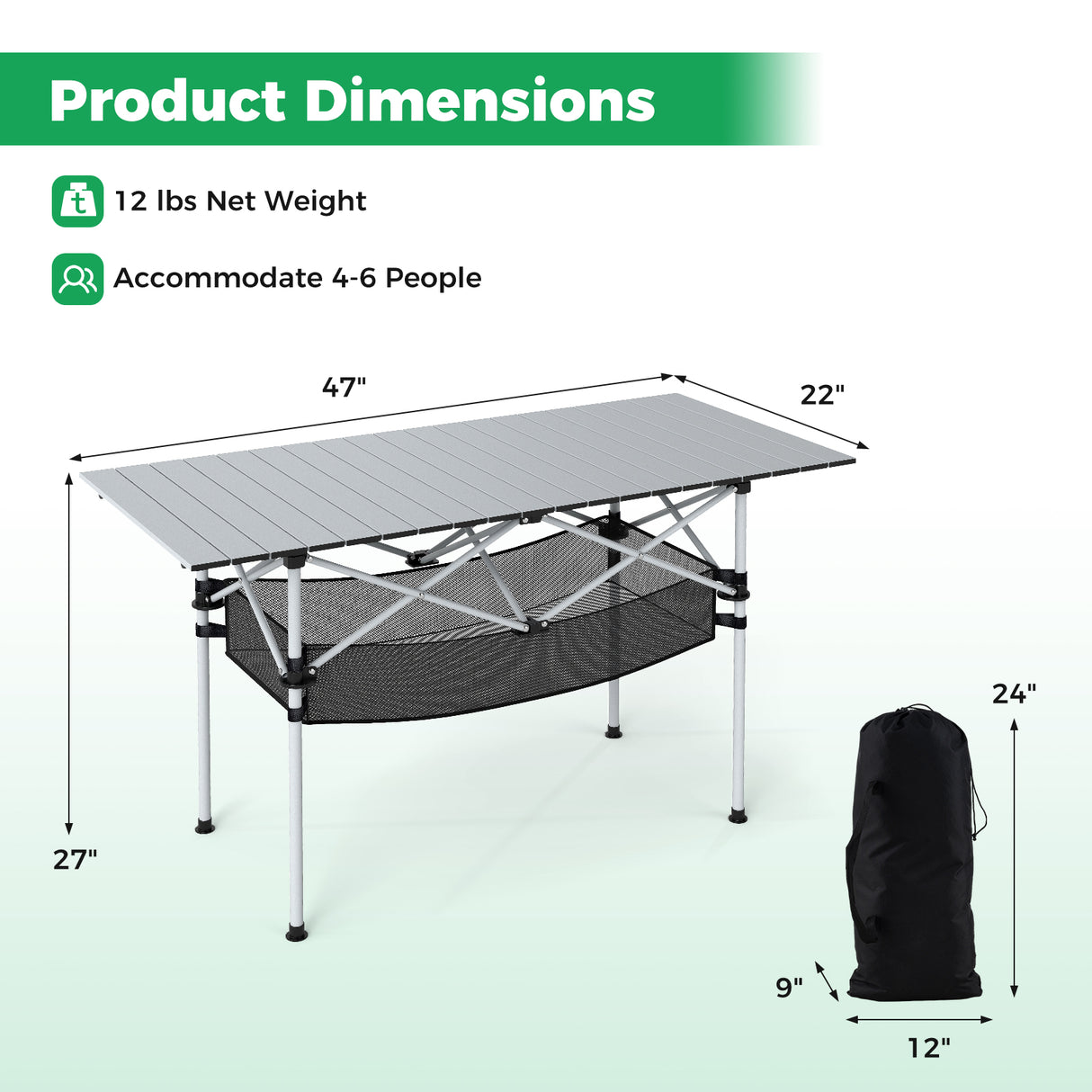 Patio Folding Camping Table with Roll-up Tabletop and Mesh Basket