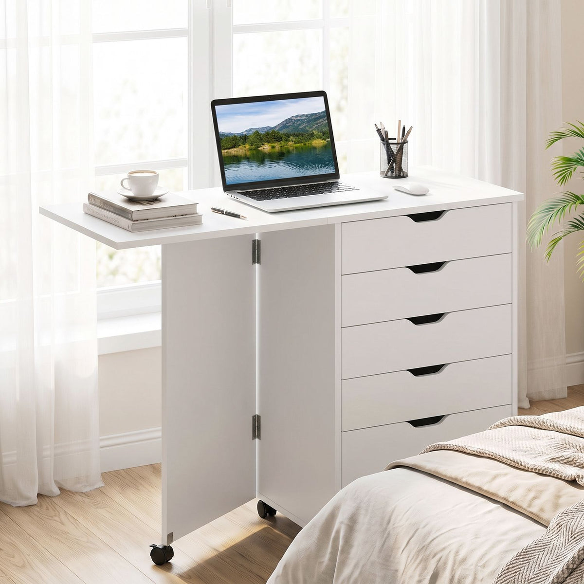 Folding Desk with Storage Drawers and Wheels for Dorms Apartments