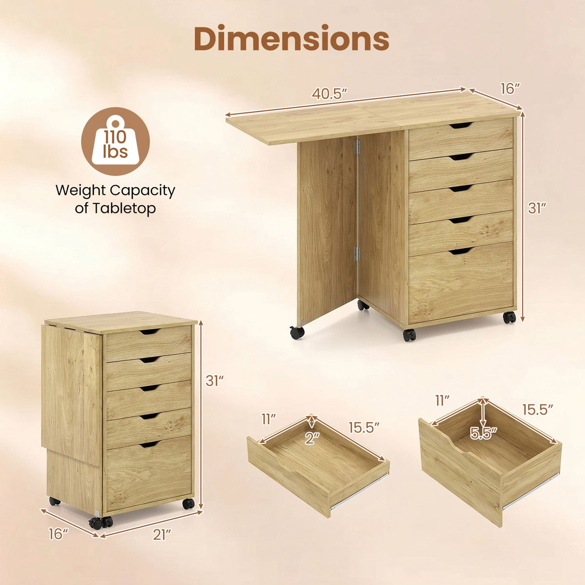 Folding Desk with Storage Drawers and Wheels for Dorms Apartments