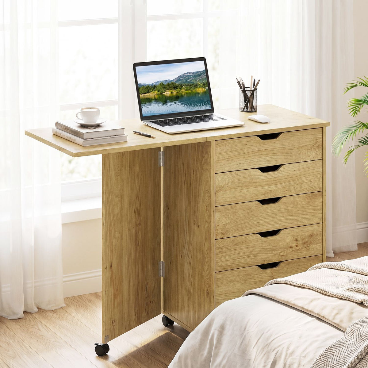 Folding Desk with Storage Drawers and Wheels for Dorms Apartments