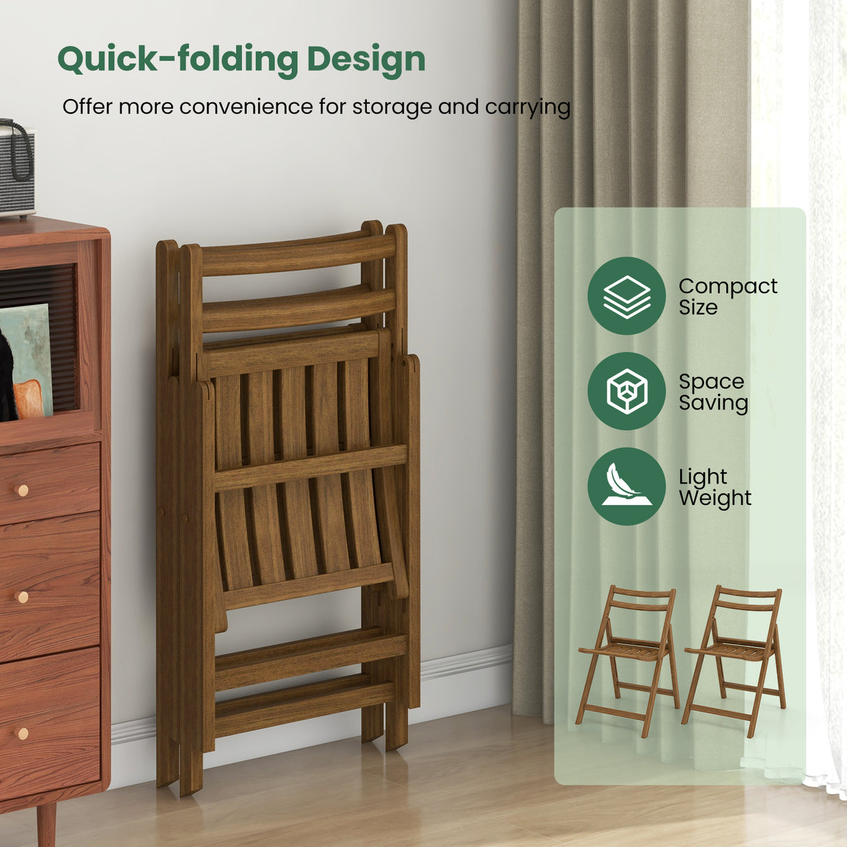 Folding Dining Chair Set of 2 with Rubber Wood Frame and Slatted Seat-Walnut