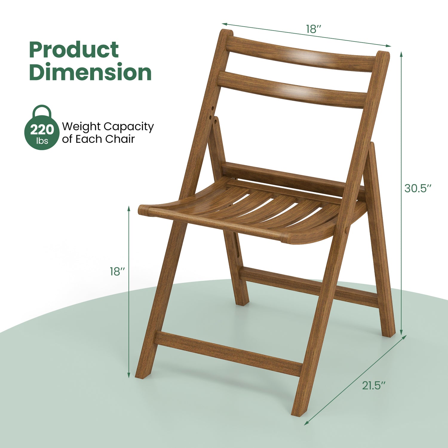 Folding Dining Chair Set of 2 with Rubber Wood Frame and Slatted Seat-Walnut