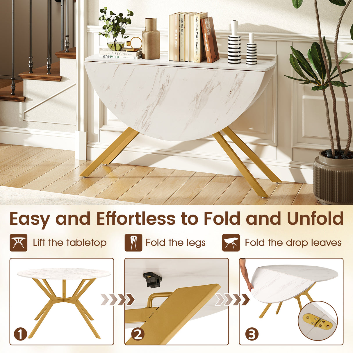 Folding Dining Table 47 Inch Extendable Round Kitchen Table with Drop Leaves