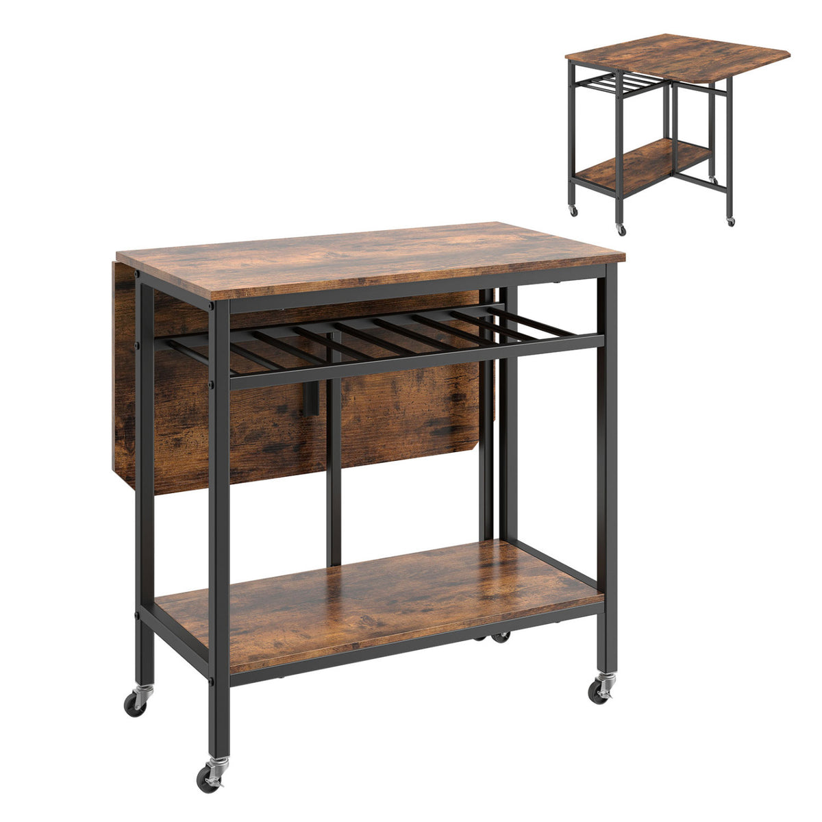 Folding Dining Table with Expandable Laptop with Wine Rack and Wheels-Rustic Brown