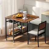 Folding Dining Table with Expandable Laptop with Wine Rack and Wheels-Rustic Brown