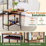 Folding Dining Table with Expandable Laptop with Wine Rack and Wheels-Rustic Brown