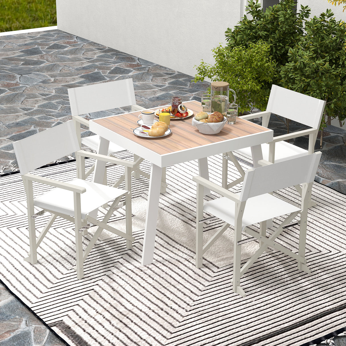 Folding Director Chair with Acacia Wood Frame and Machine Washable Oxford Fabric-Off White