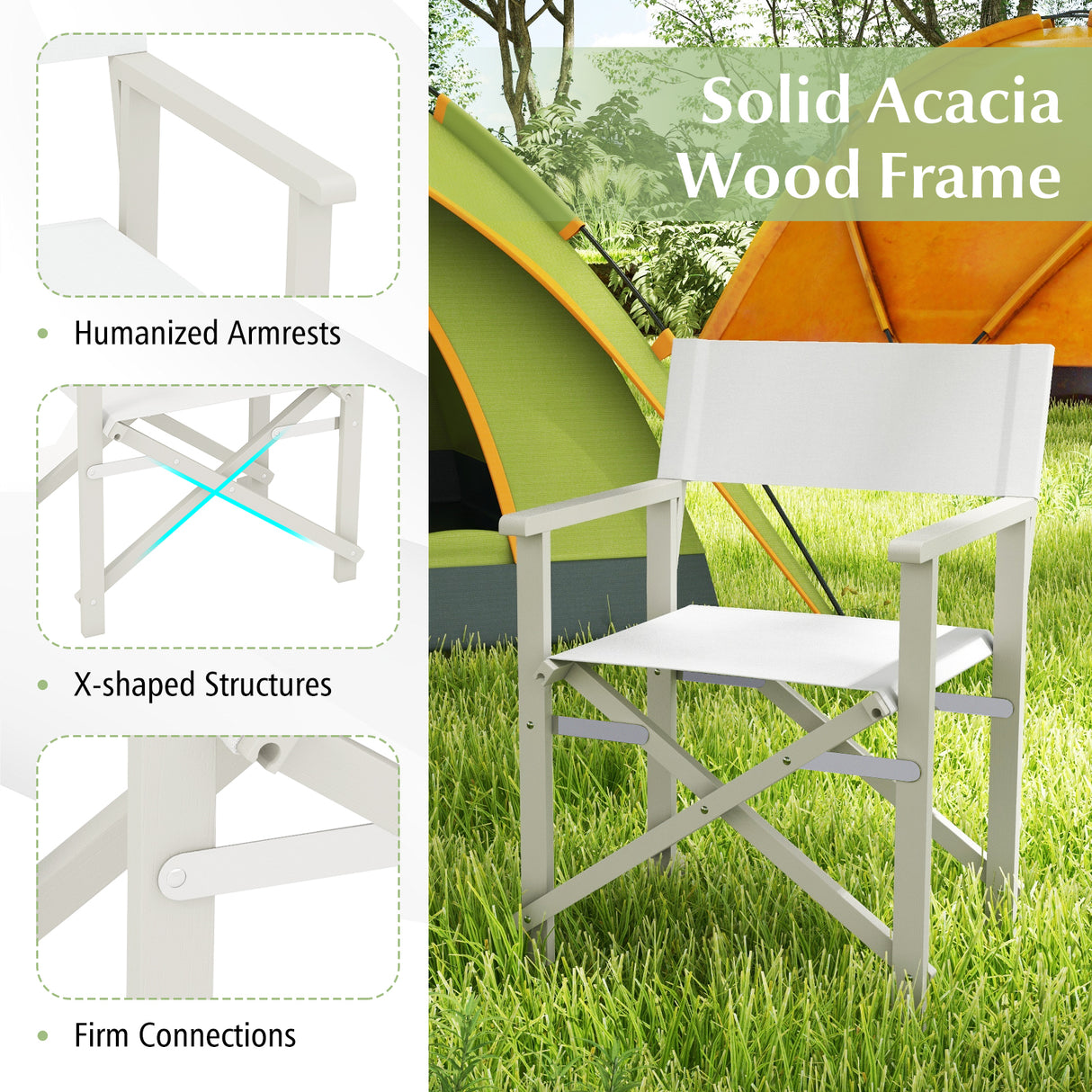 Folding Director Chair with Acacia Wood Frame and Machine Washable Oxford Fabric-Off White