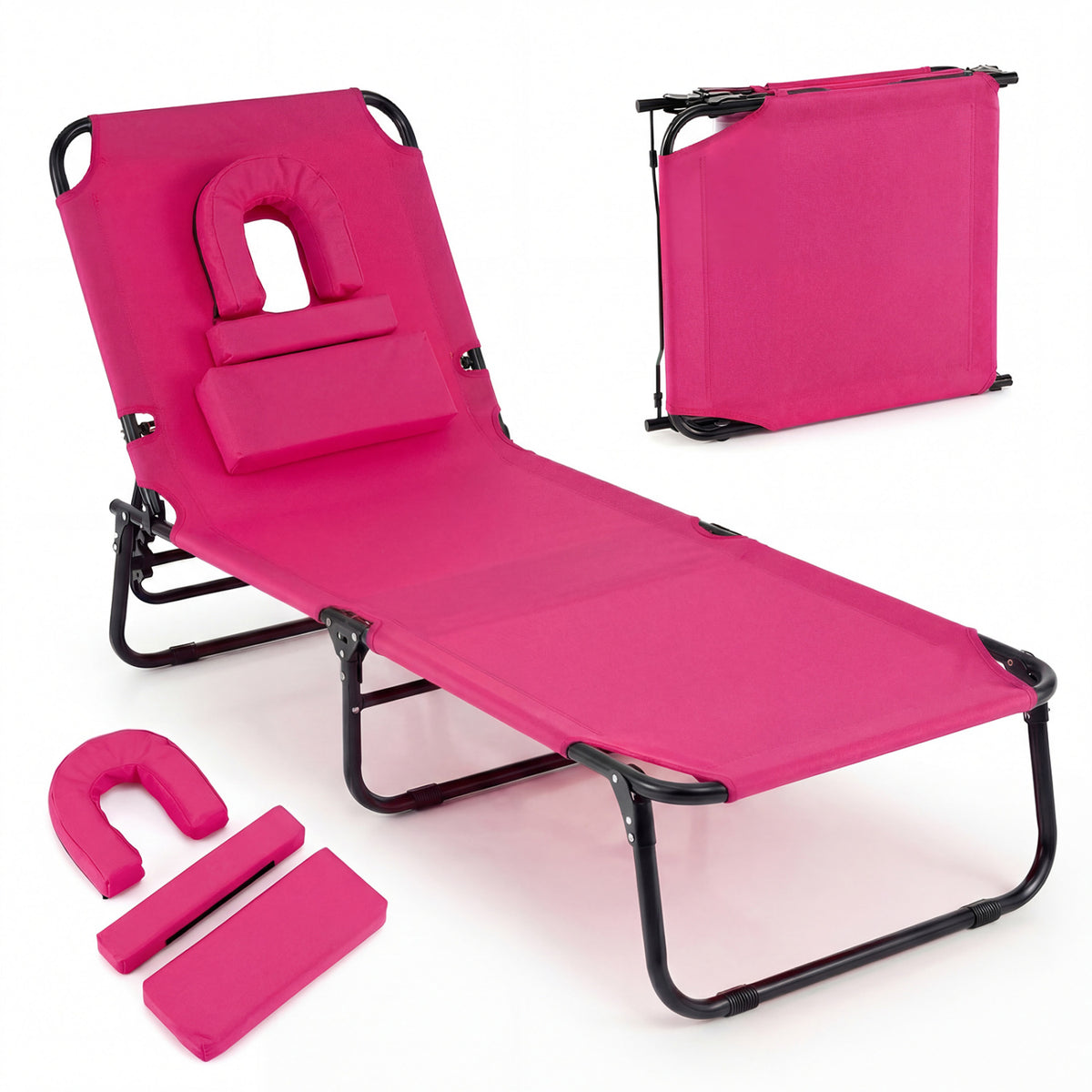 Folding Face Down Tanning Chair with Face Hole 3 Removable Pillows