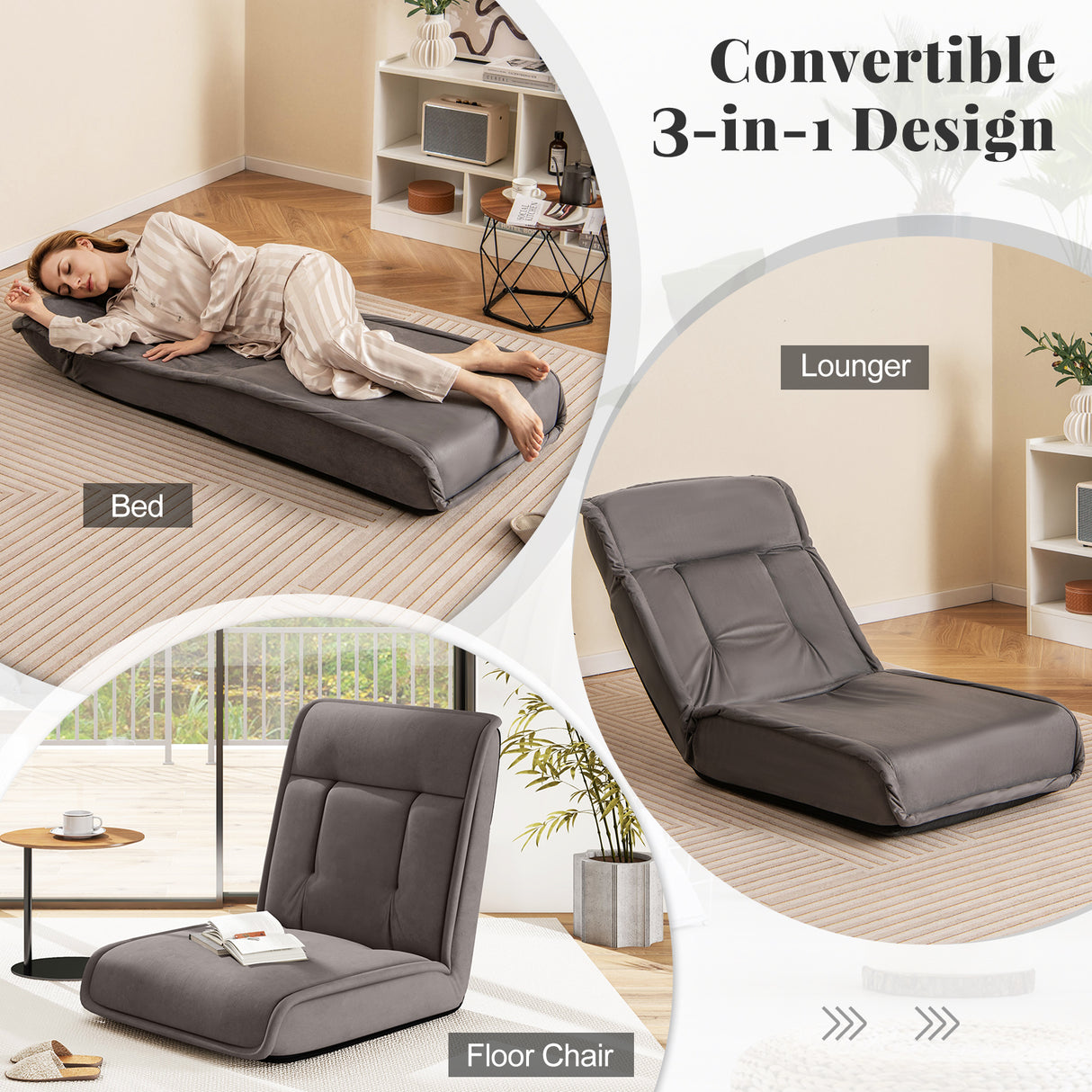 Folding Floor Chair Convertible Lazy Chair with 14-Poistion Adjustable Backrest