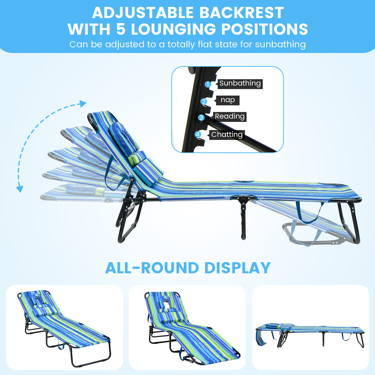 Beach Chaise Lounge Chair with Face Hole and Removable Pillow