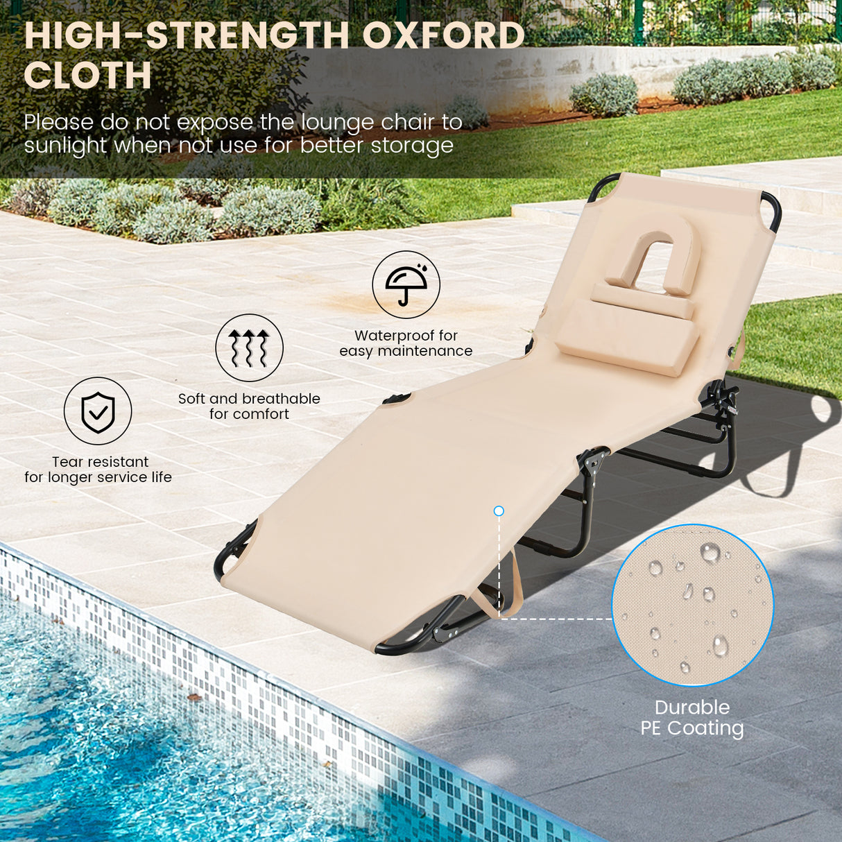 Beach Chaise Lounge Chair with Face Hole and Removable Pillow