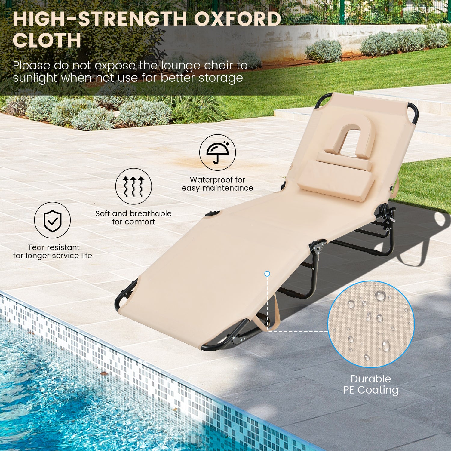 Beach Chaise Lounge Chair with Face Hole and Removable Pillow