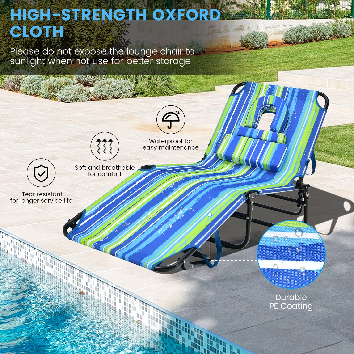 Beach Chaise Lounge Chair with Face Hole and Removable Pillow