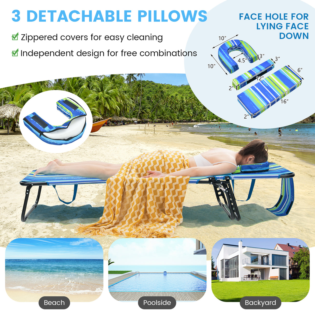Beach Chaise Lounge Chair with Face Hole and Removable Pillow