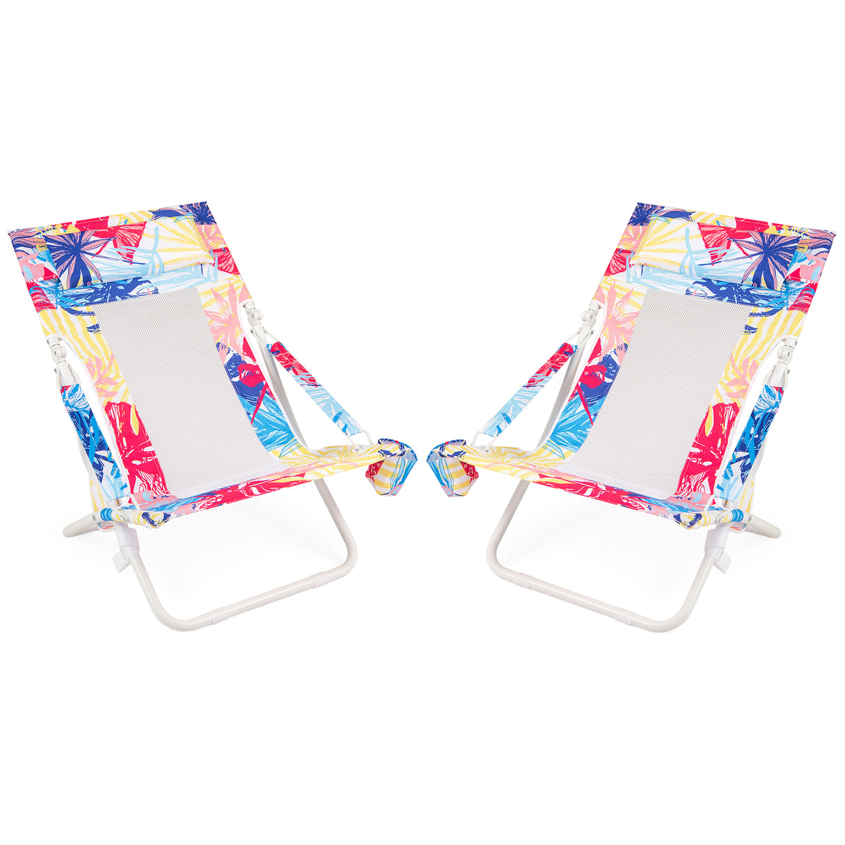 Folding Low Beach Chair Set of 2 Patio Sling Chairs with Padded Head Pillow