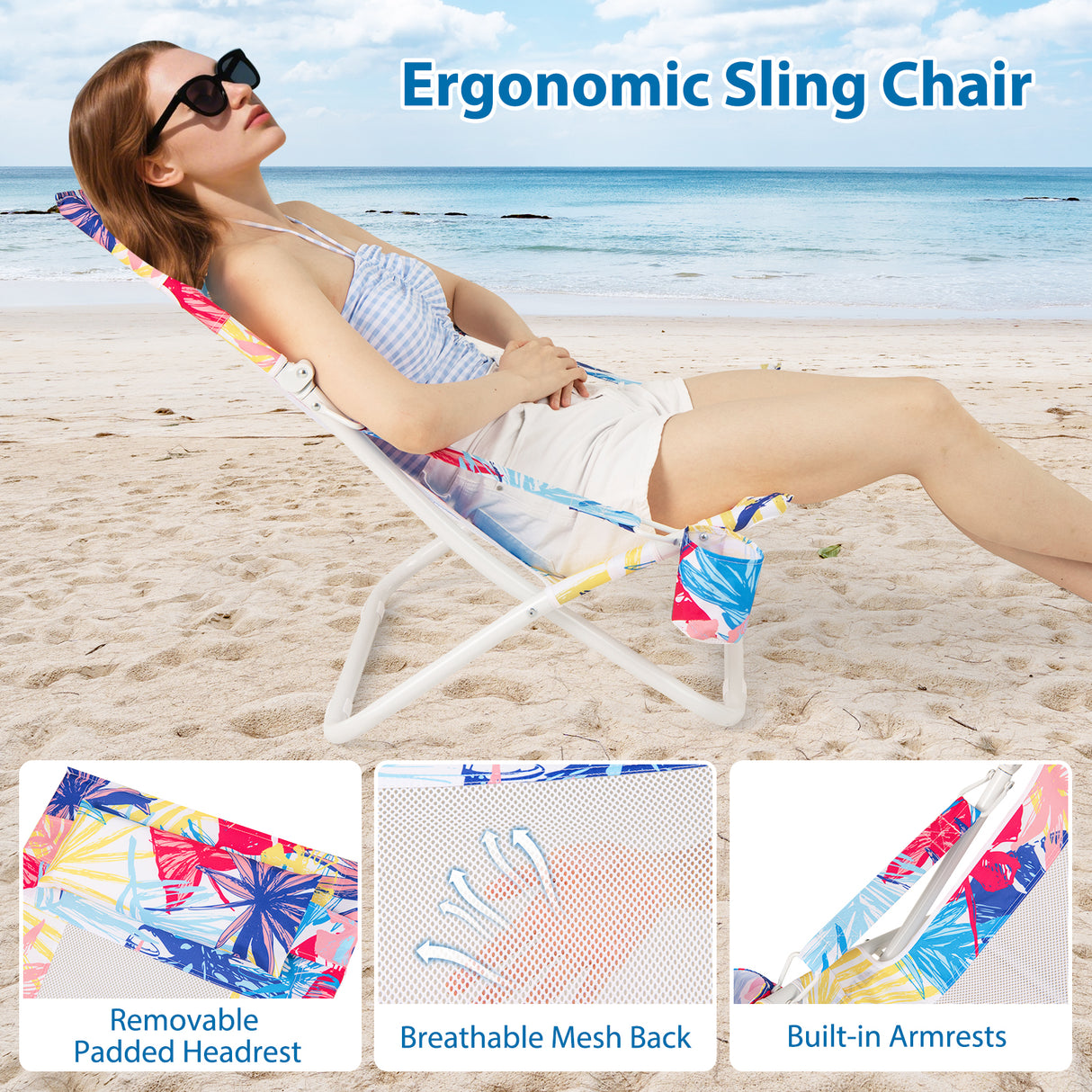 Folding Low Beach Chair Set of 2 Patio Sling Chairs with Padded Head Pillow
