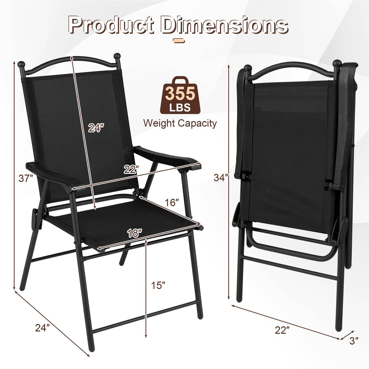 Folding Patio Chairs Set of 4 Outdoor Lawn Deck Seats with Armrests High Back-Black