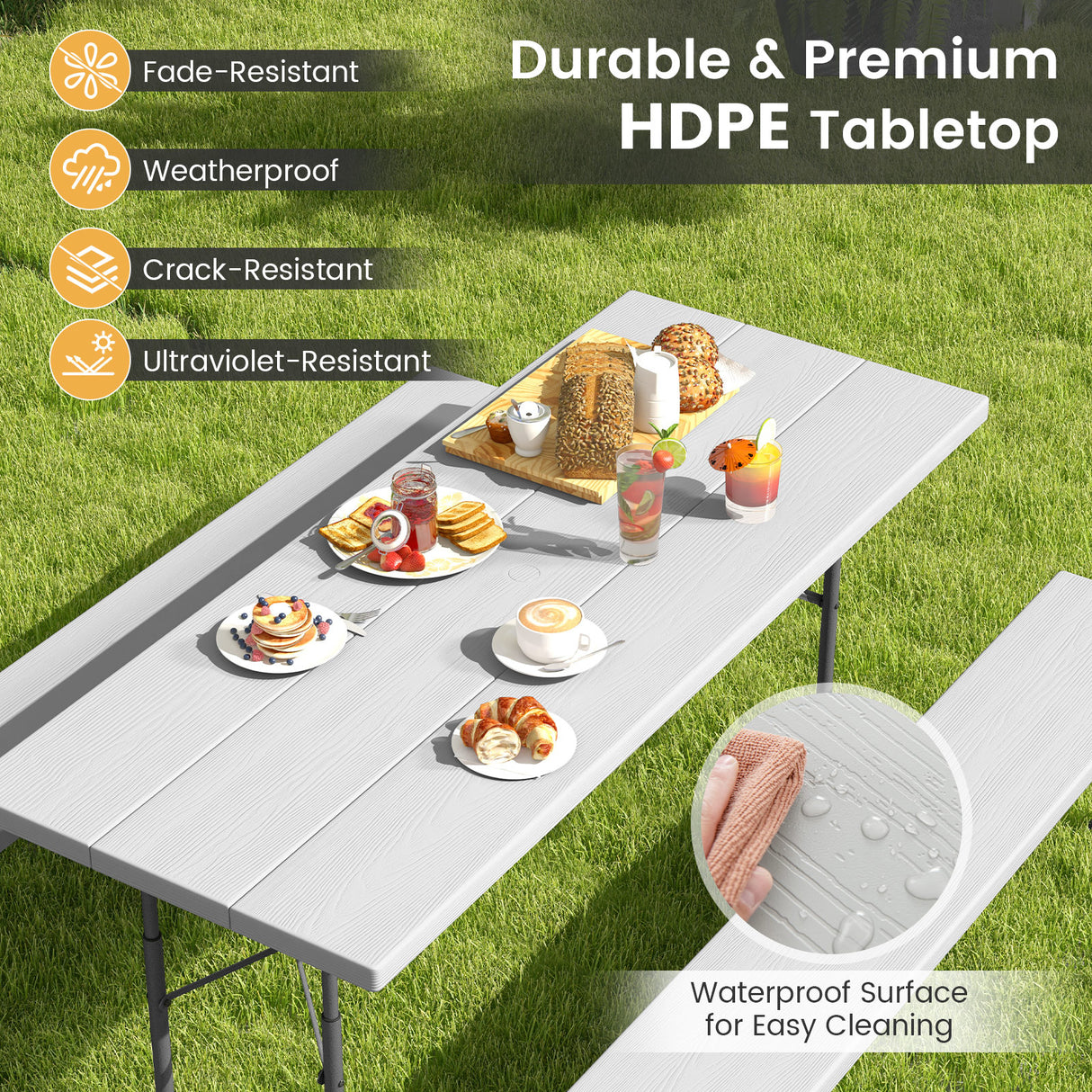 Folding Picnic Table Set with Metal Frame and All-Weather HDPE Tabletop  Umbrella Hole