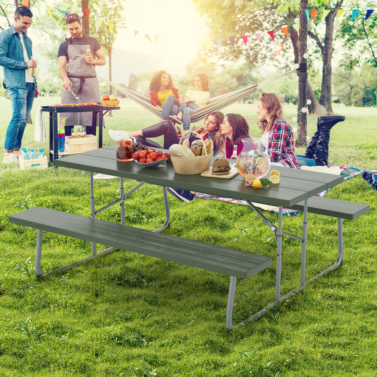 Folding Picnic Table Set with Metal Frame and All-Weather HDPE Tabletop  Umbrella Hole