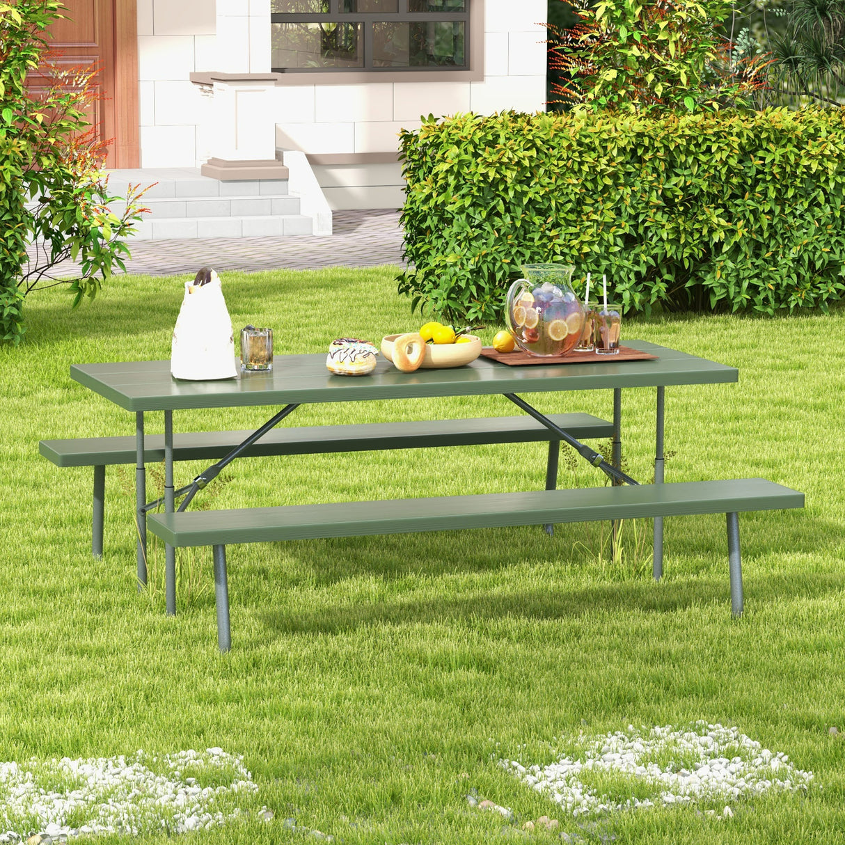Folding Picnic Table Set with Metal Frame and All-Weather HDPE Tabletop  Umbrella Hole