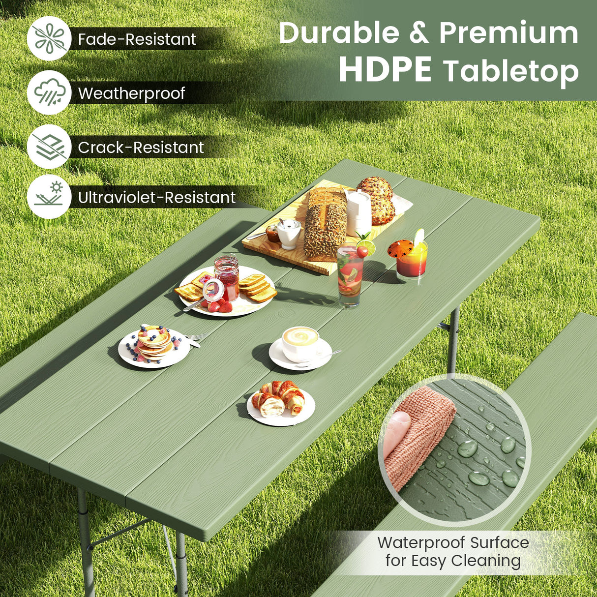 Folding Picnic Table Set with Metal Frame and All-Weather HDPE Tabletop  Umbrella Hole