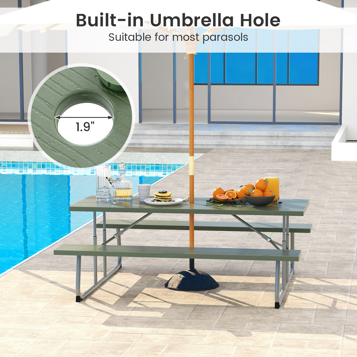 Folding Picnic Table Set with Metal Frame and All-Weather HDPE Tabletop  Umbrella Hole