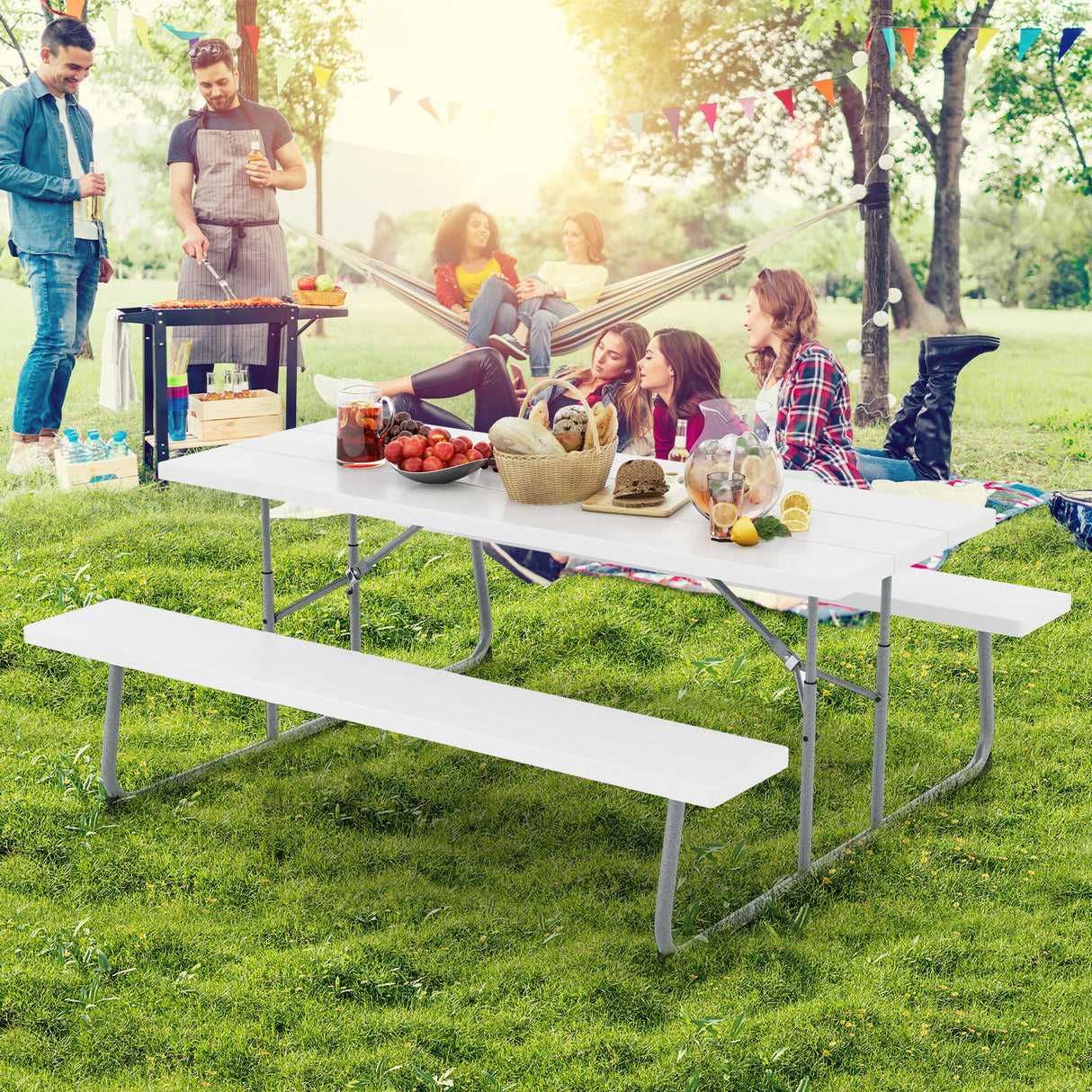 Folding Picnic Table Set with Metal Frame and All-Weather HDPE Tabletop  Umbrella Hole