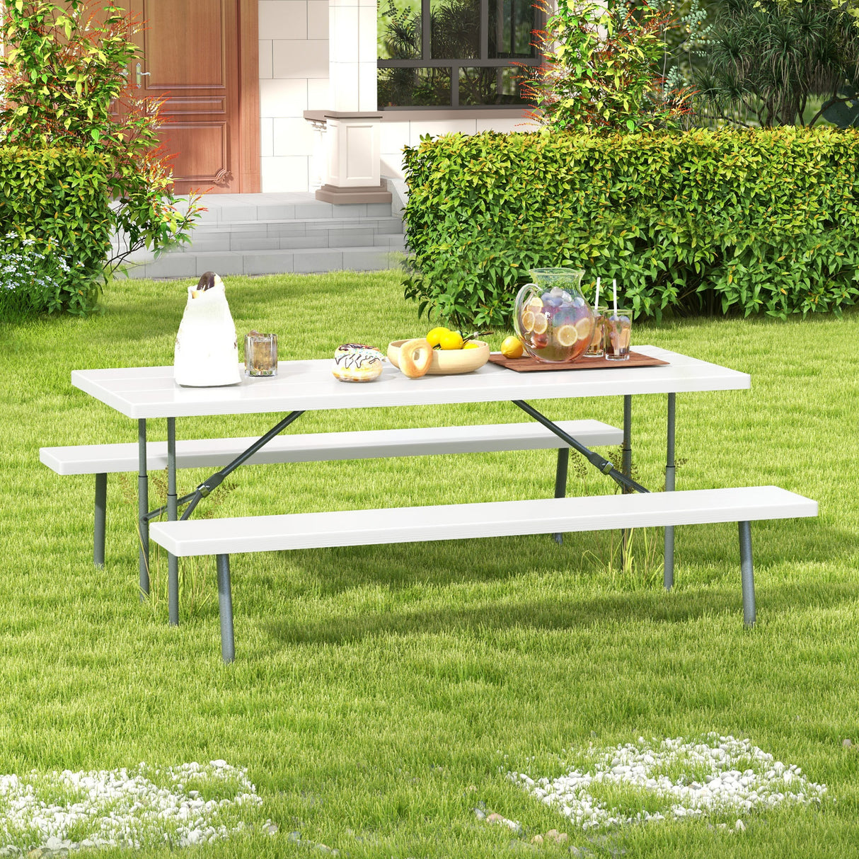 Folding Picnic Table Set with Metal Frame and All-Weather HDPE Tabletop  Umbrella Hole