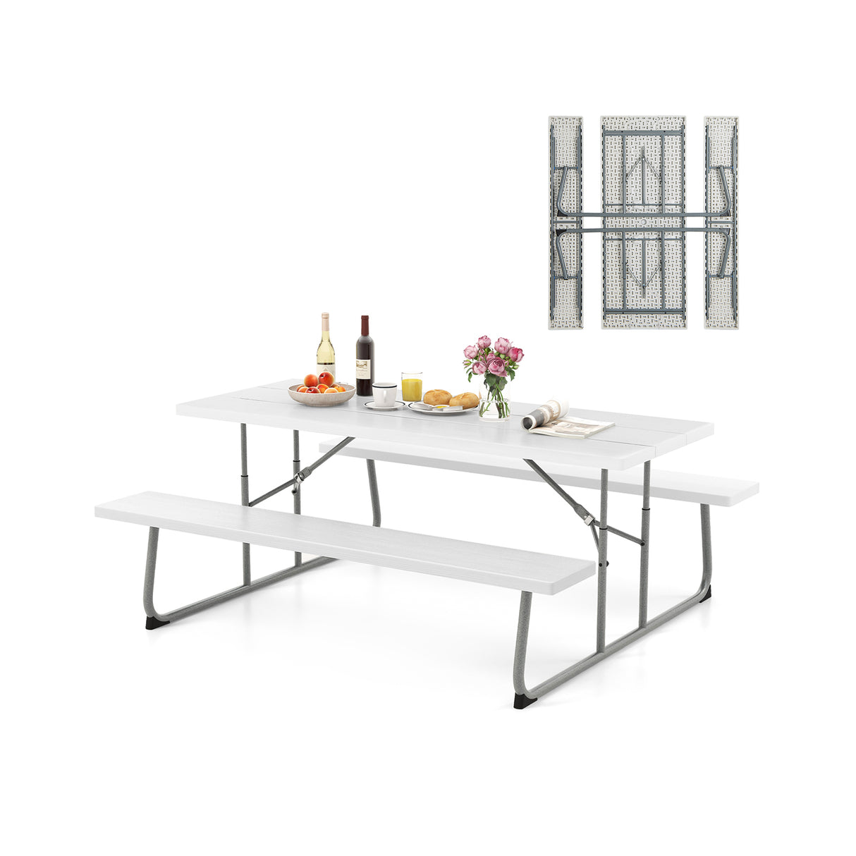 Folding Picnic Table Set with Metal Frame and All-Weather HDPE Tabletop  Umbrella Hole