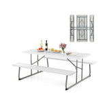 Folding Picnic Table Set with Metal Frame and All-Weather HDPE Tabletop  Umbrella Hole
