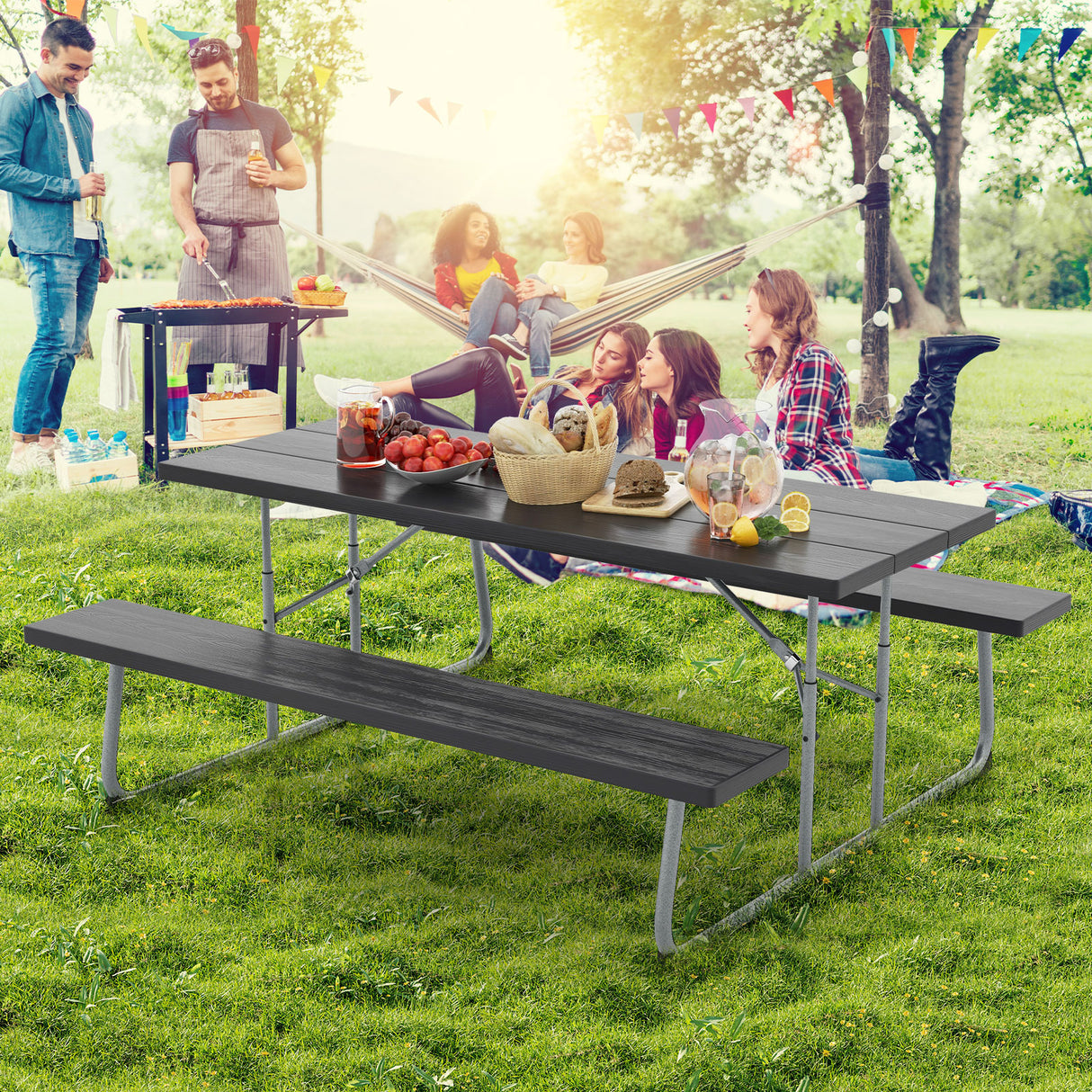 Folding Picnic Table Set with Metal Frame and All-Weather HDPE Tabletop  Umbrella Hole