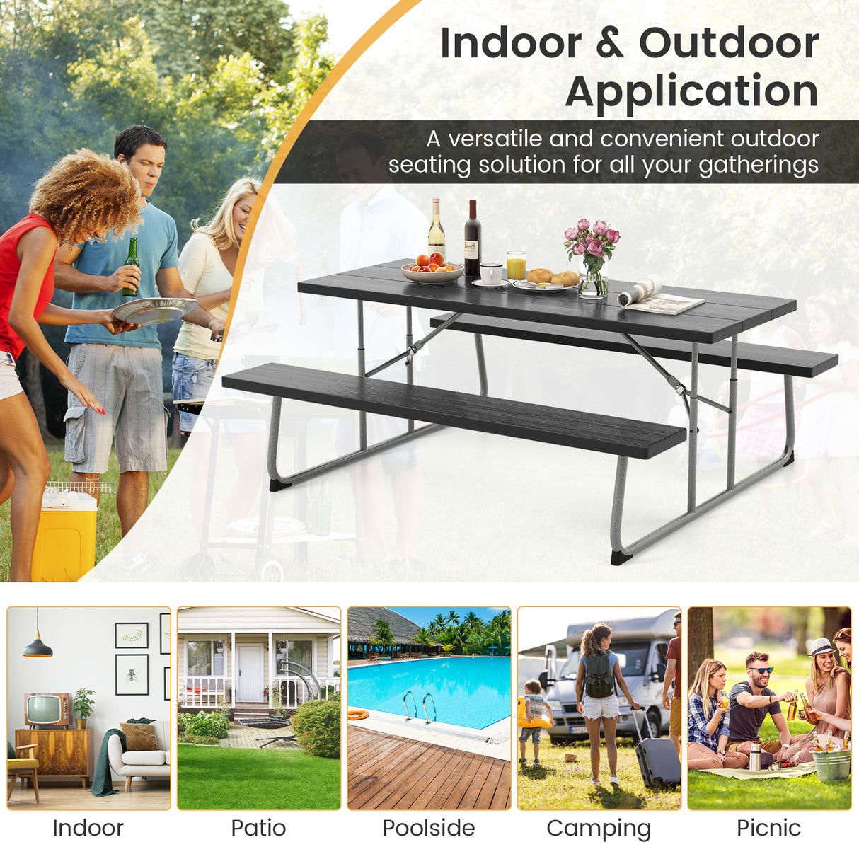 Folding Picnic Table Set with Metal Frame and All-Weather HDPE Tabletop  Umbrella Hole