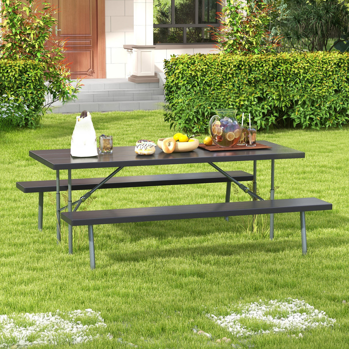 Folding Picnic Table Set with Metal Frame and All-Weather HDPE Tabletop  Umbrella Hole