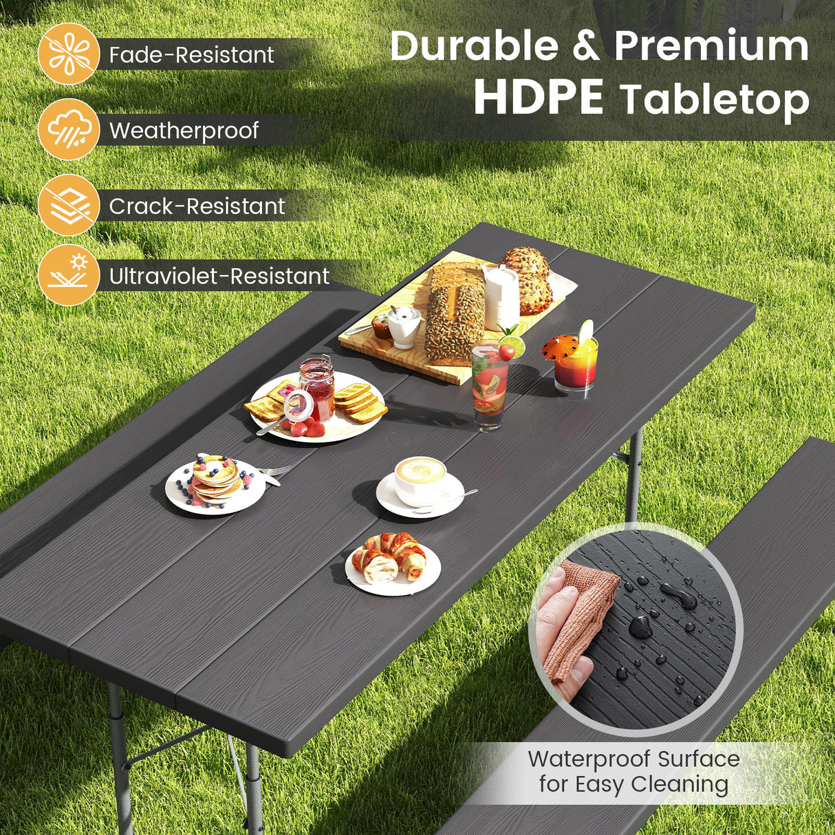 Folding Picnic Table Set with Metal Frame and All-Weather HDPE Tabletop  Umbrella Hole