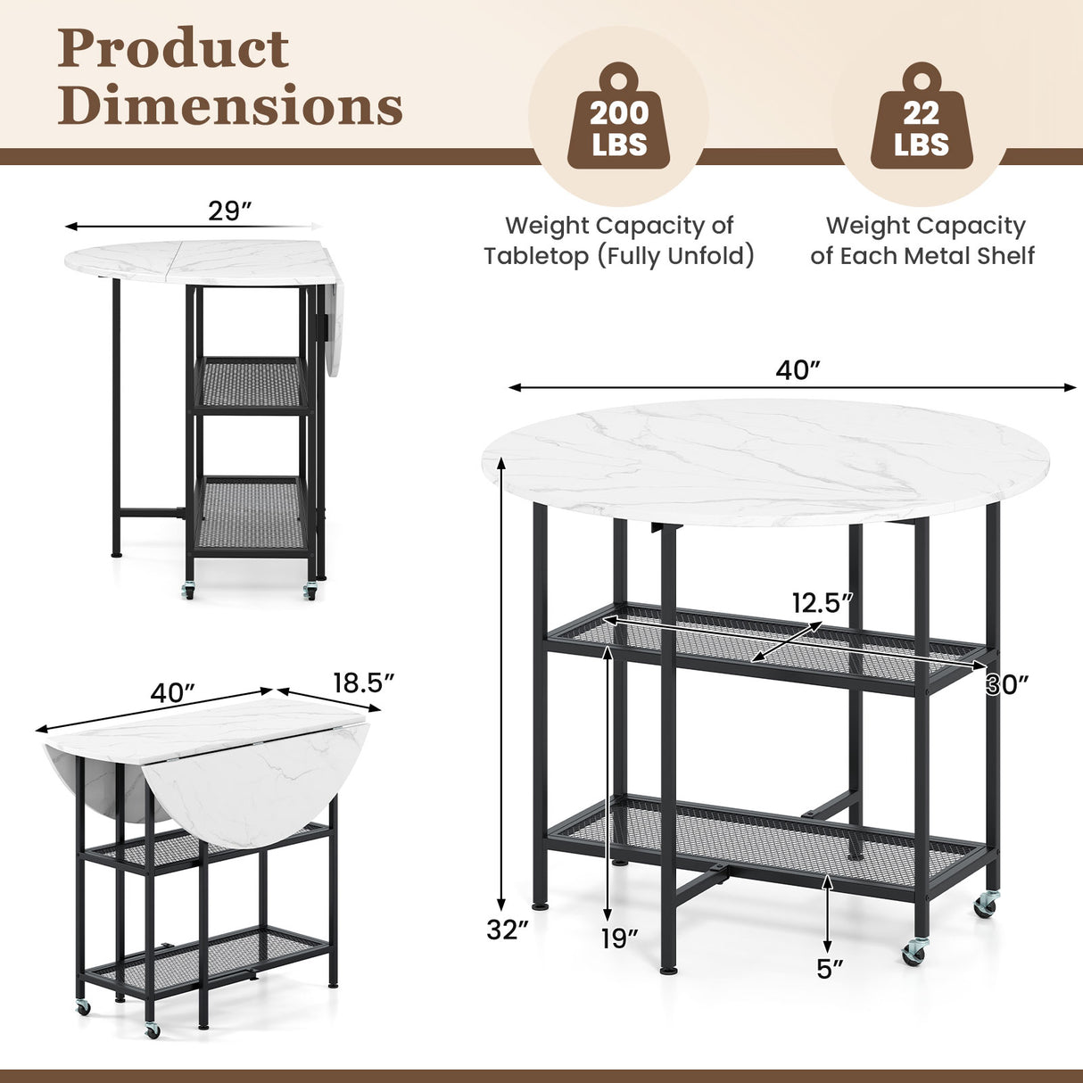 Folding Round Dining Table with Lockable Wheels