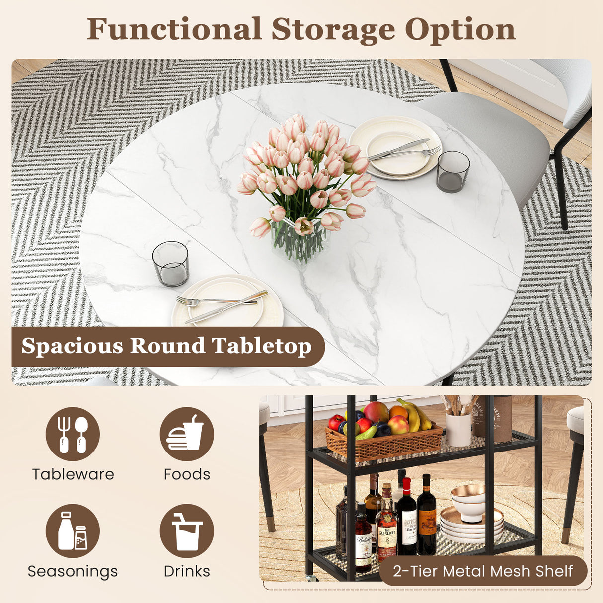 Folding Round Dining Table with Lockable Wheels