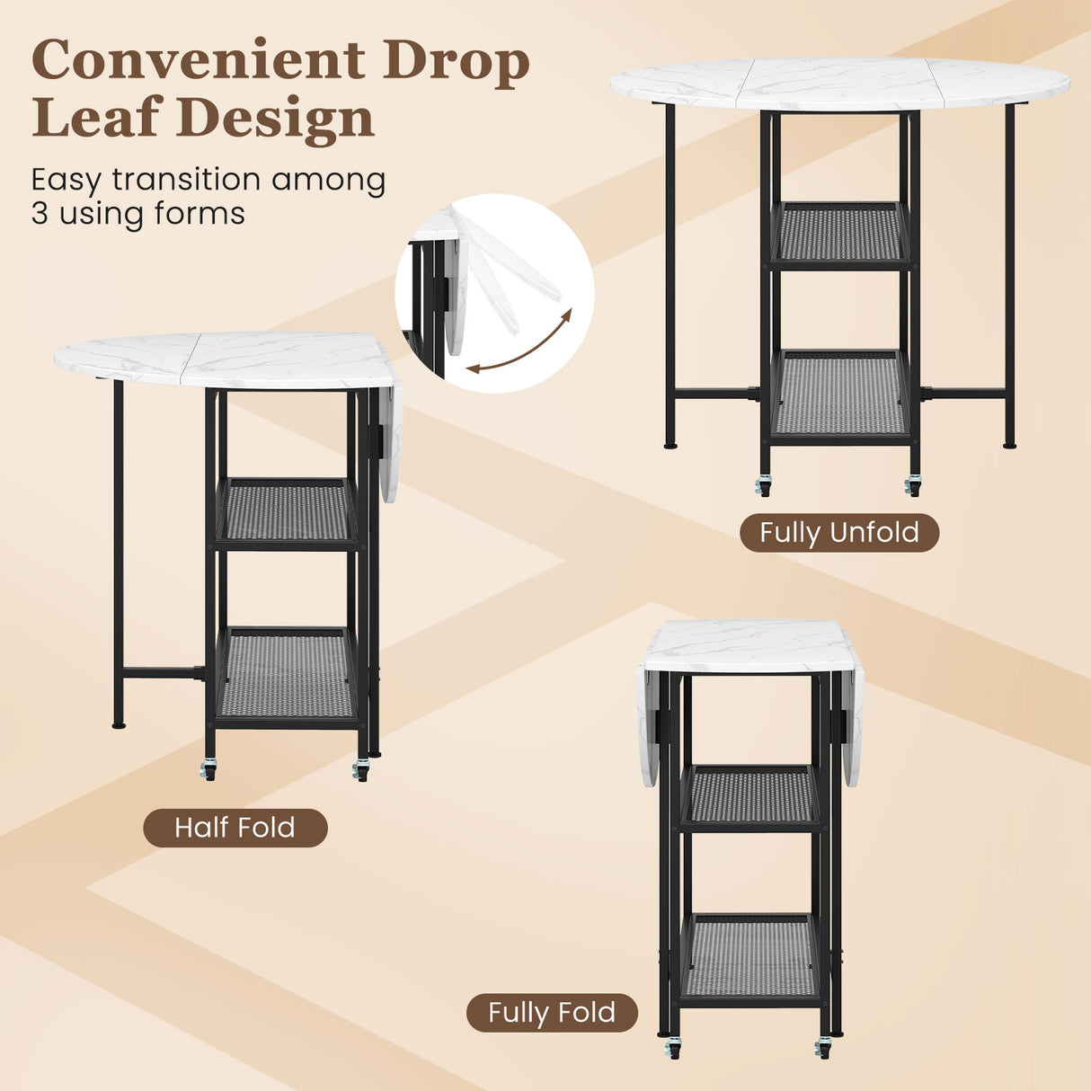Folding Round Dining Table with Lockable Wheels