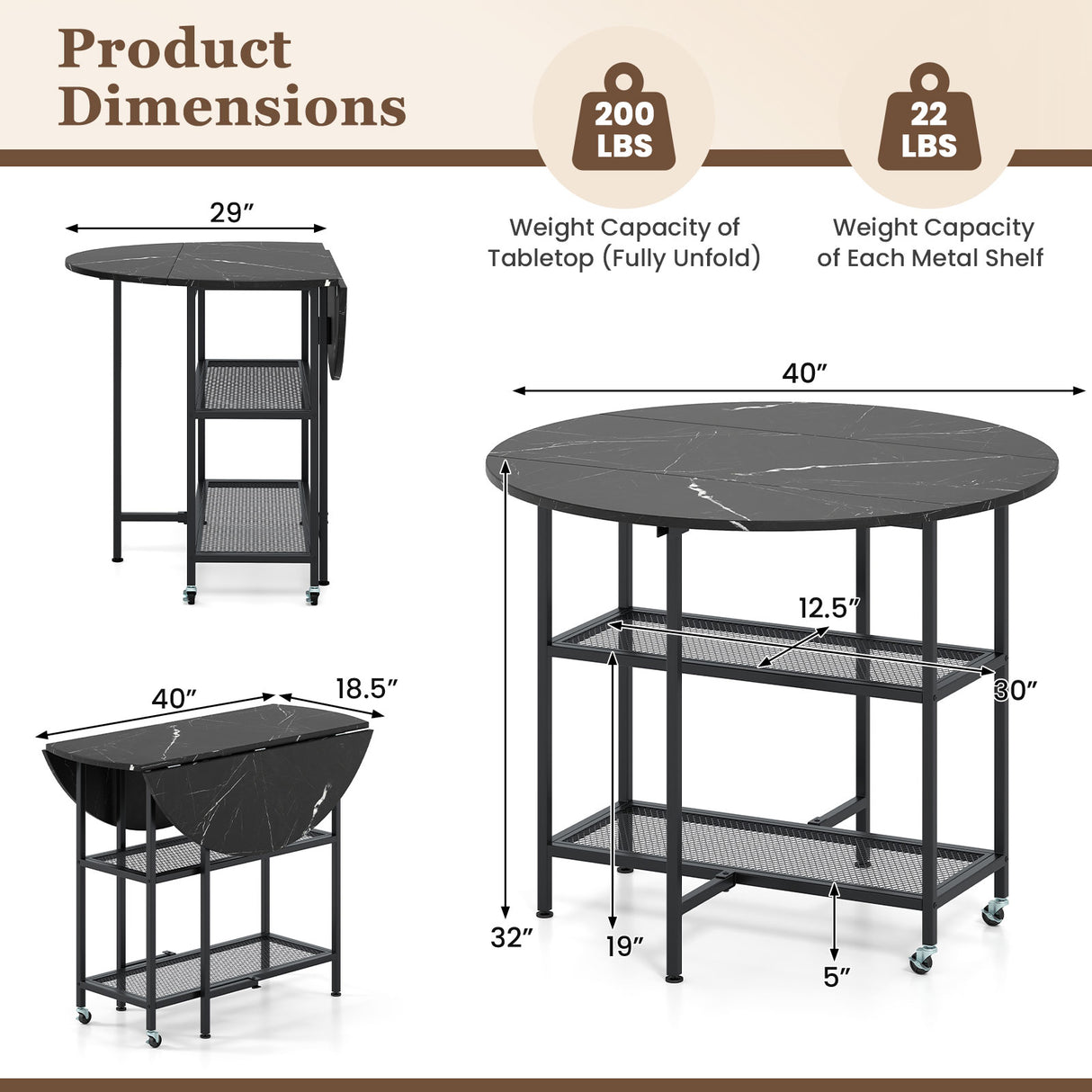 Folding Round Dining Table with Lockable Wheels