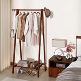 Folding Rubber Wood Clothes Hanging Rack Standing Garment Rack with Bottom Storage Shelf-Walnut