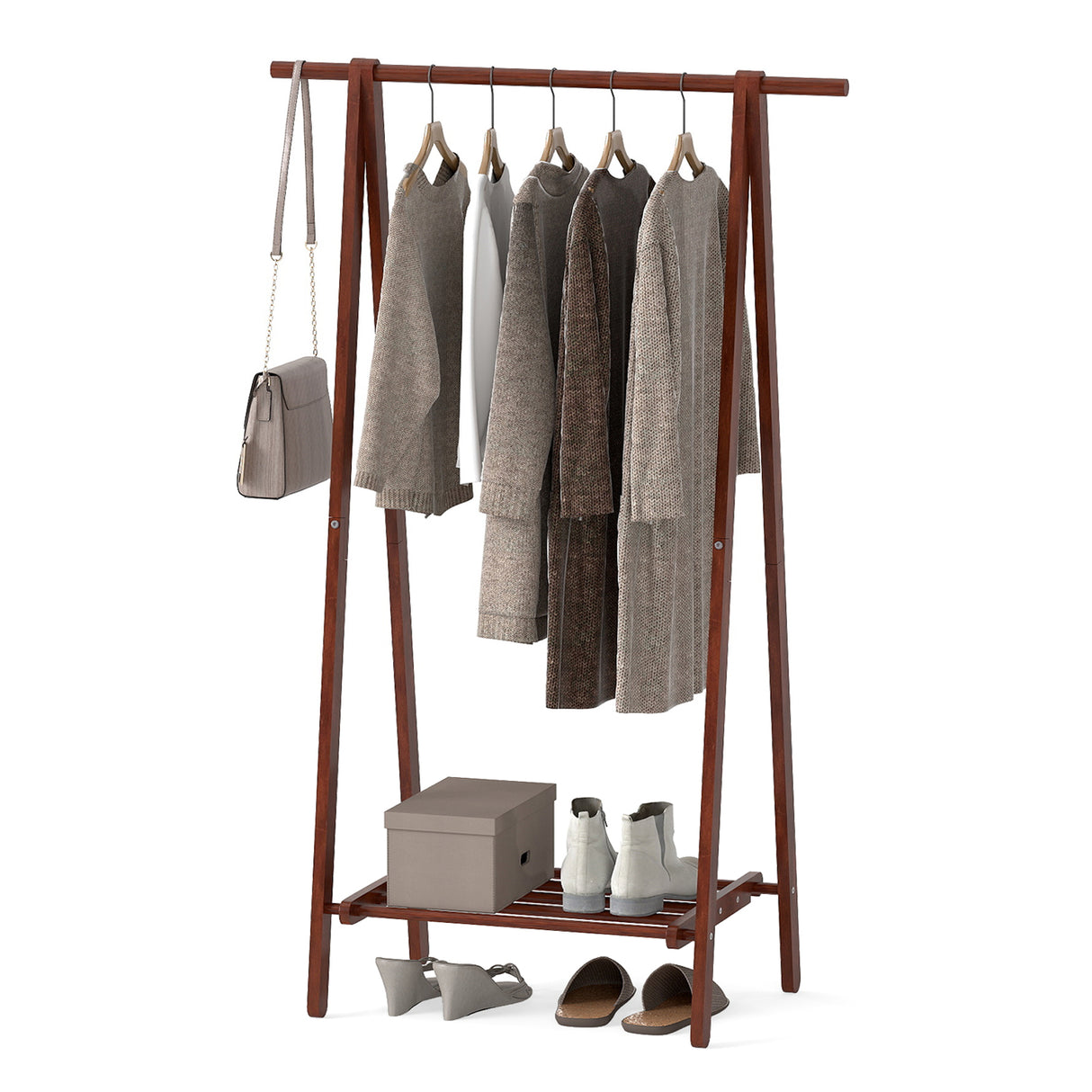Folding Rubber Wood Clothes Hanging Rack Standing Garment Rack with Bottom Storage Shelf-Walnut