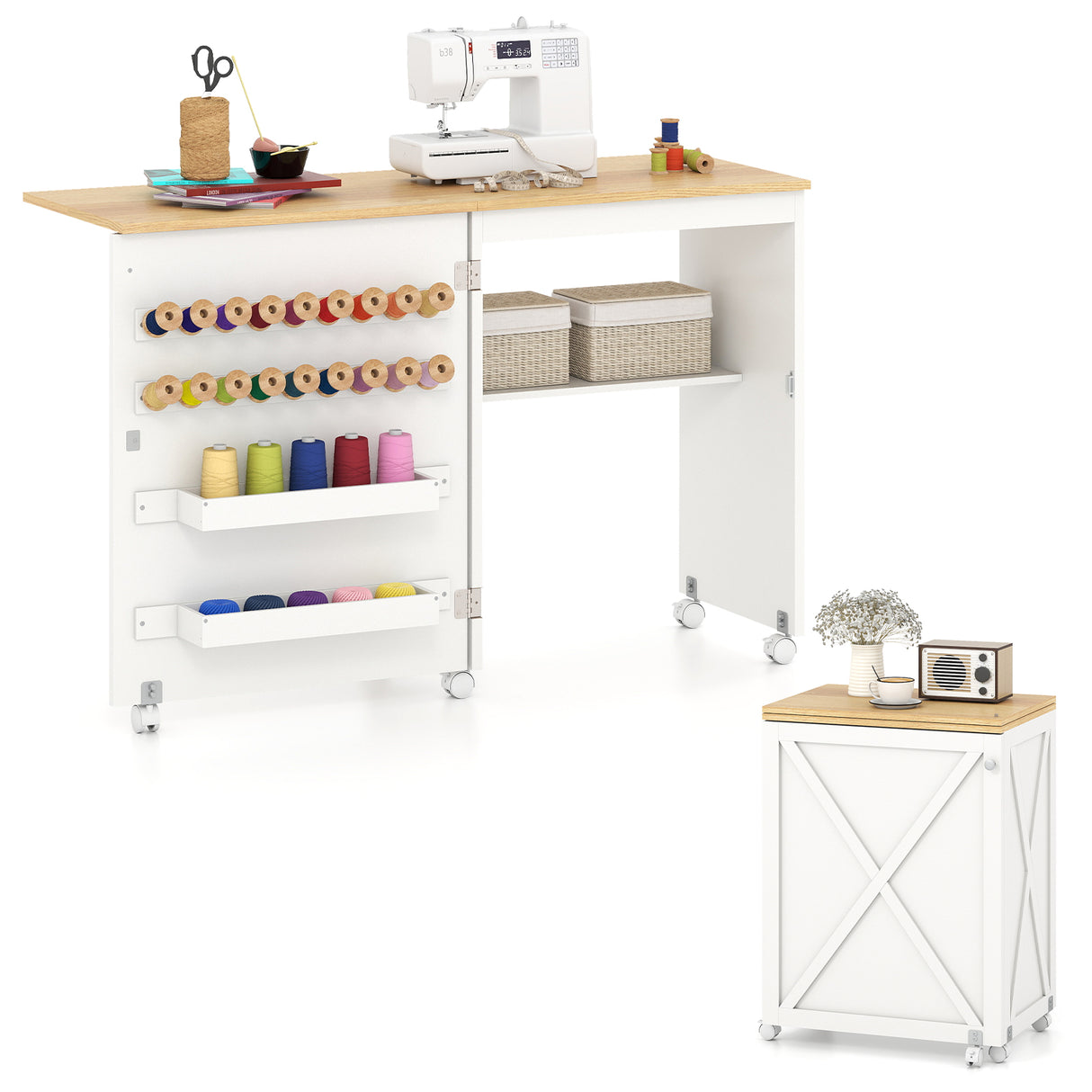 Folding Sewing Table with Storage Shelf and 5 Lockable Wheels