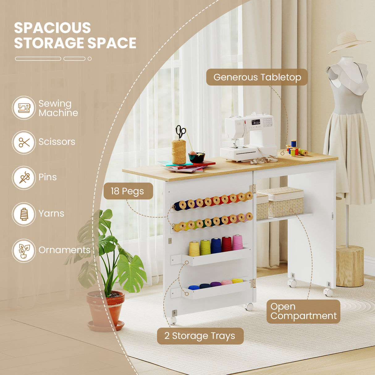 Folding Sewing Table with Storage Shelf and 5 Lockable Wheels