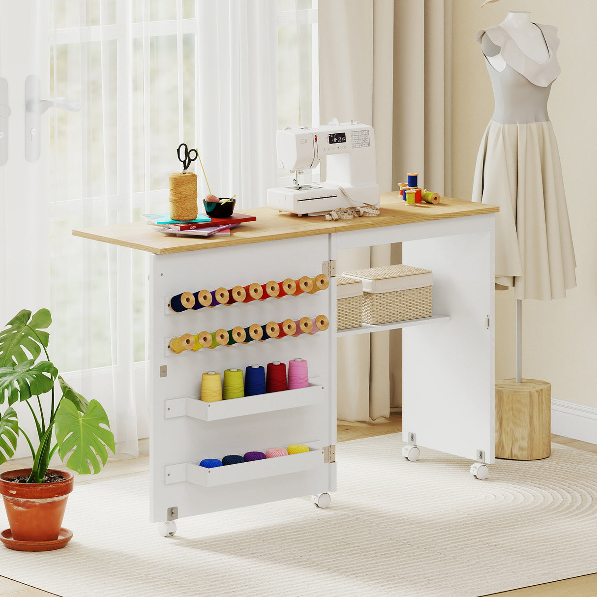 Folding Sewing Table with Storage Shelf and 5 Lockable Wheels