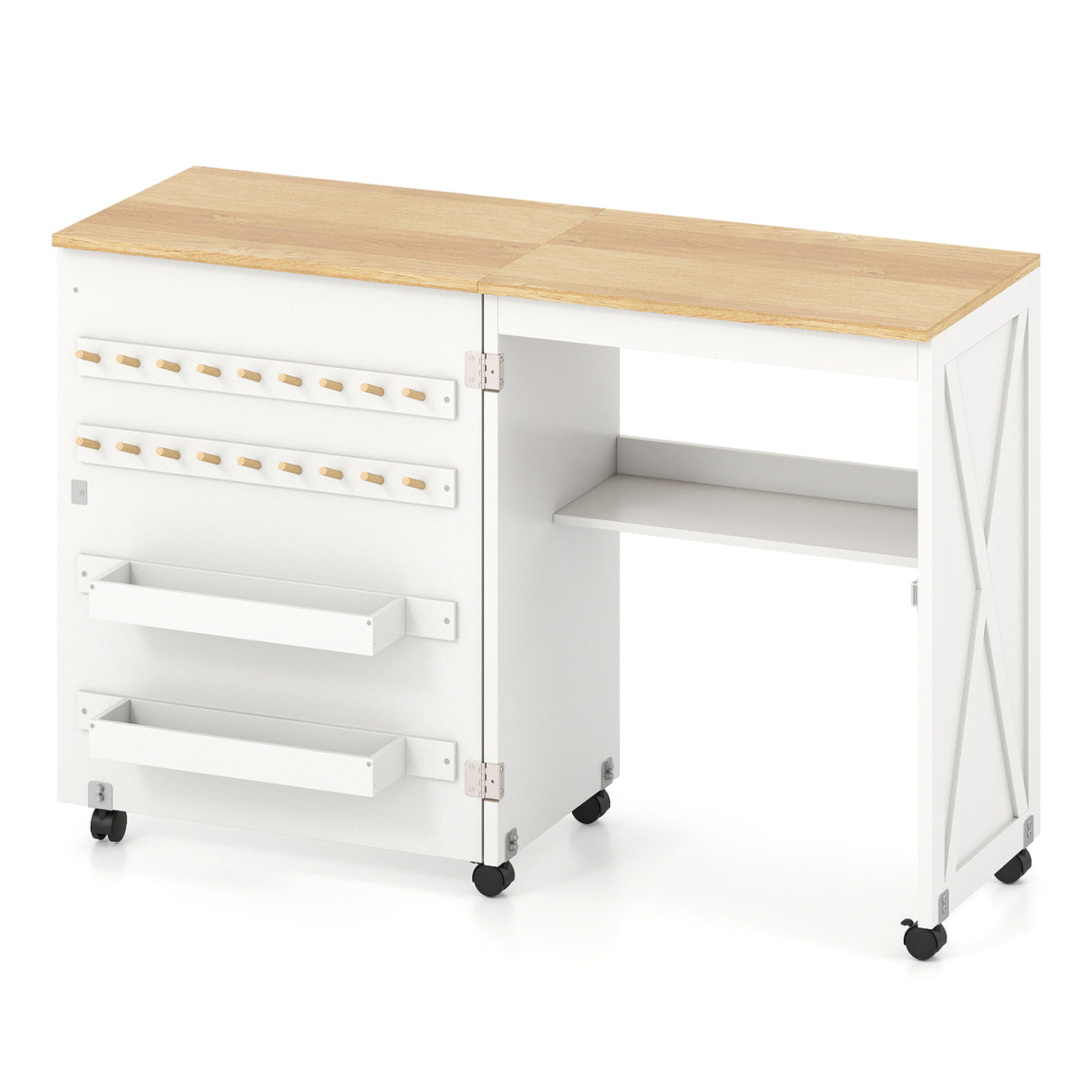 Folding Sewing Table with Storage Shelf and 5 Lockable Wheels