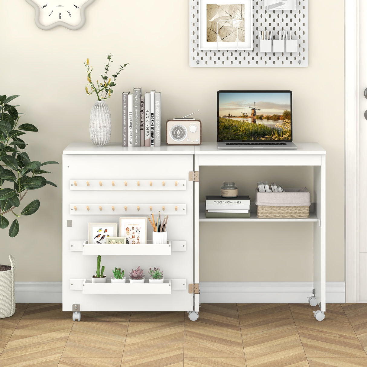 Folding Sewing Table with Storage Shelf and 5 Lockable Wheels