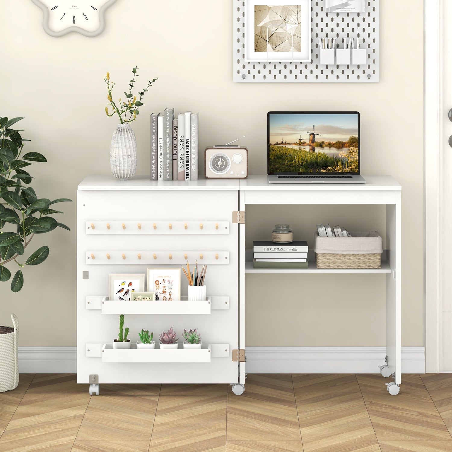 Folding Sewing Table with Storage Shelf and 5 Lockable Wheels