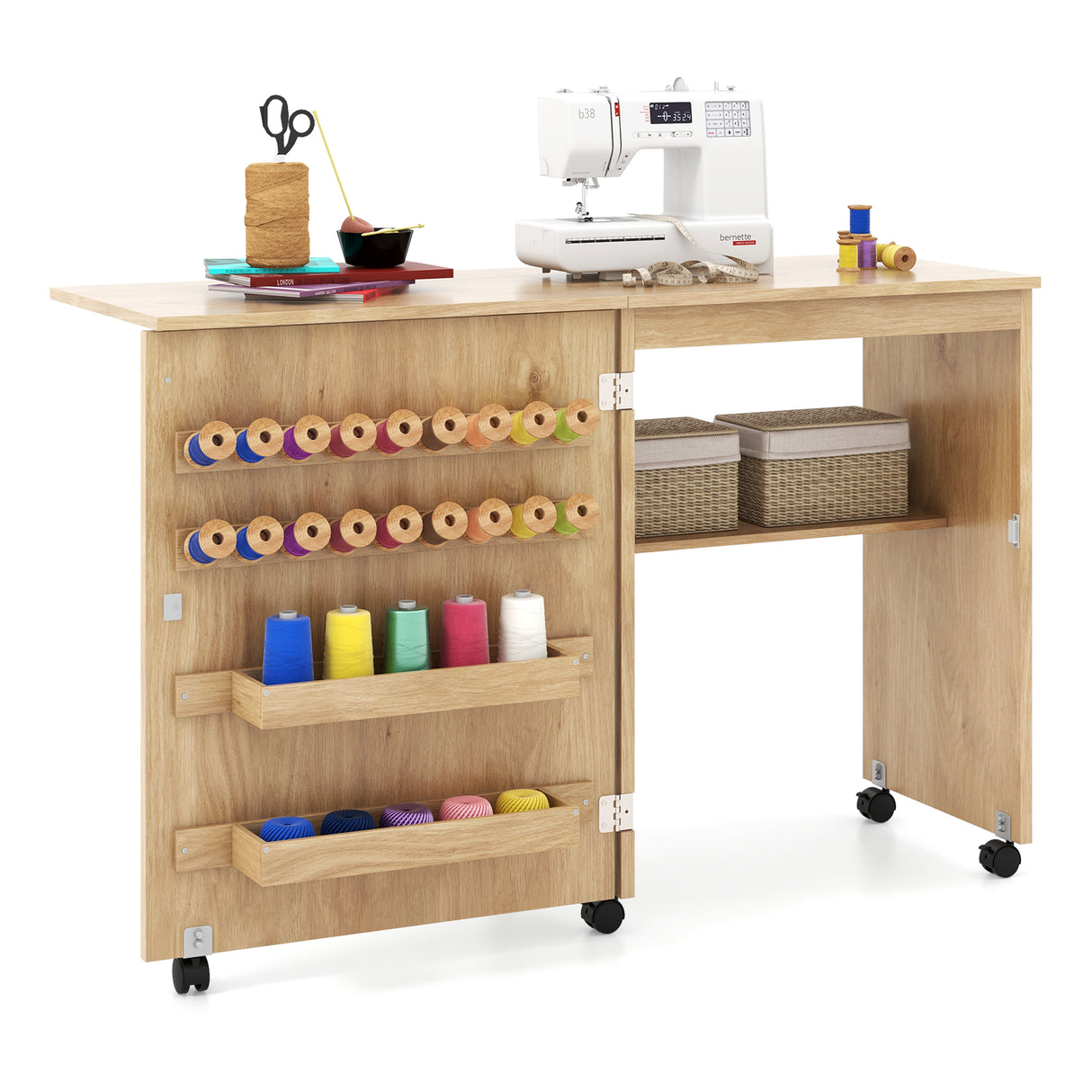 Folding Sewing Table with Storage Shelf and 5 Lockable Wheels